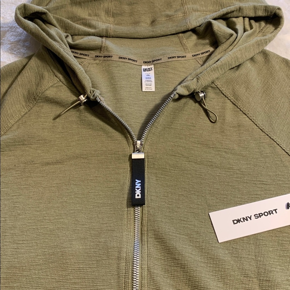 DKNY‎ Slub Waffle Knit Zip Front Hoodie NWT Medium Green Lightweight Cotton/Poly - Picture 7 of 16